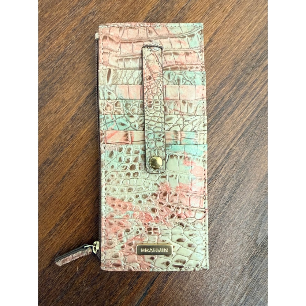 Brahmin Credit Card Wallet Crocodile Embossed Leather Peach Cream Teal